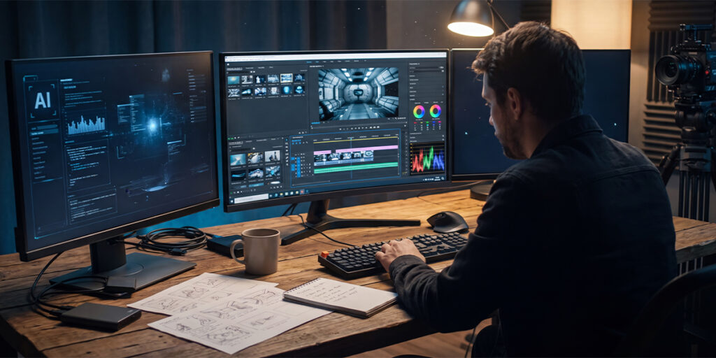 AI-assisted production in action: Strategy sketches on the desk, AI analytics on the left monitor, and human-led editing decisions on the right—where intelligent tools accelerate the process without replacing creative judgment